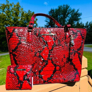 Brahmin Asher Tote & Jane Wallet Set Lipstick Melbourne Red Embossed NWT